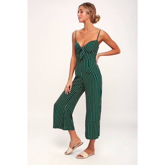 Faithfull The Brand Presley Jumpsuit Size Small Green Striped Tie-Front Wide-Leg - Picture 13 of 13